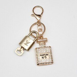 LV Authentic Gold Padlock 🔒 Key Set w/ Unbranded N5 Bottle Keychain Charm